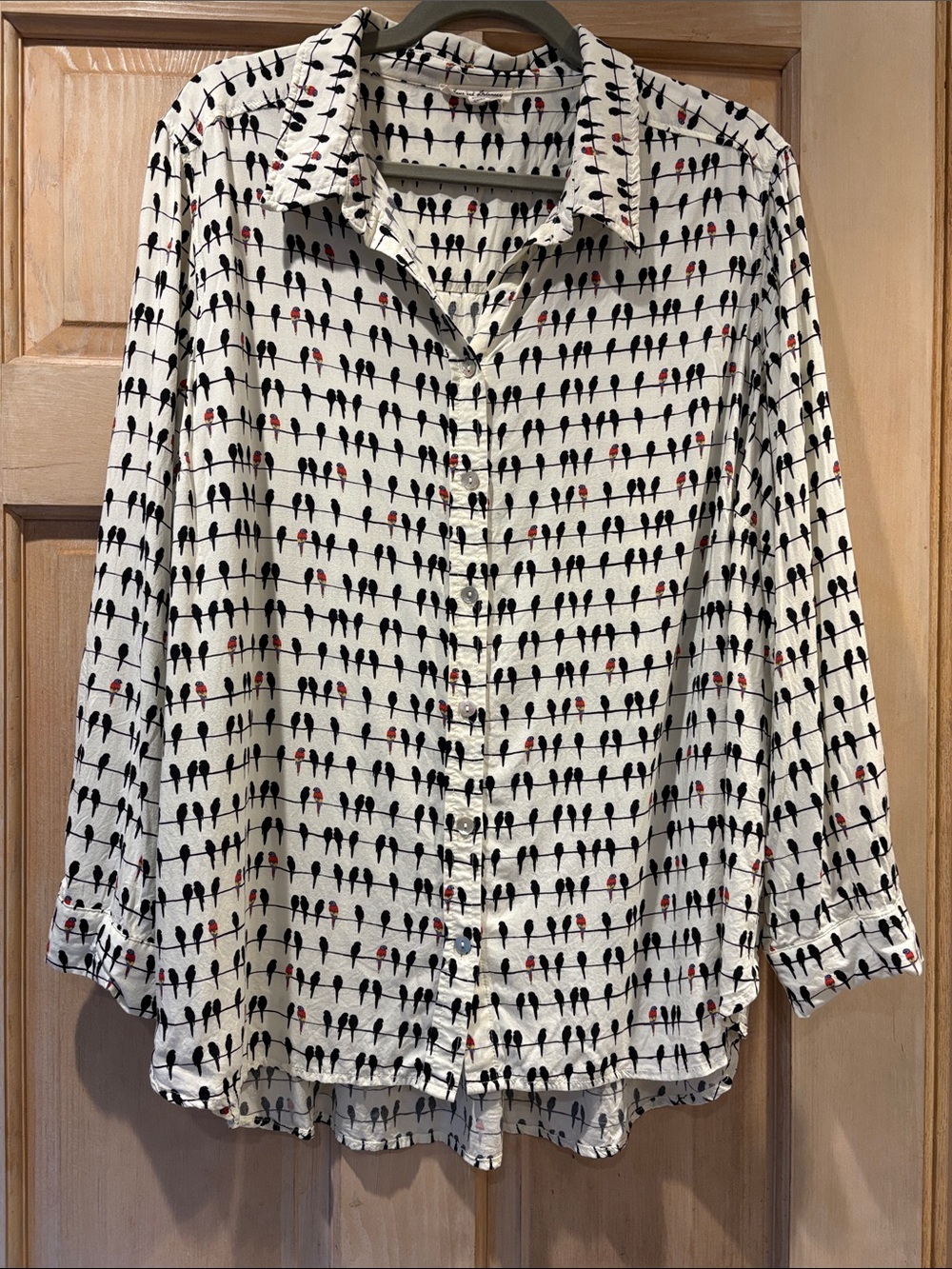 Jane and Delancey White Button-Up Blouse with Black and Red Bird Print 2X